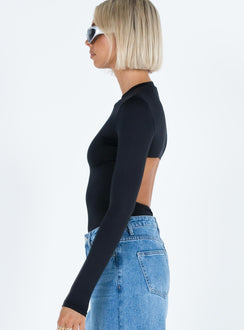 Black long sleeve bodysuit High neck Cut out at back High cut leg Cheeky style bottom Press clip fastening  Good stretch Unlined 