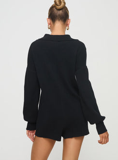 Black knit romper long sleeve button up
