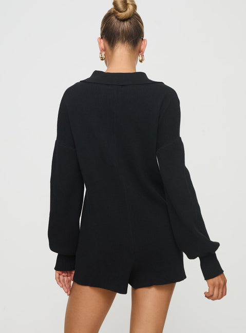 Black knit romper long sleeve button up