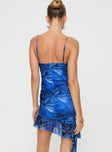 Blue Graphic print mesh mini dress Adjustable shoulder straps, v-neckline, ruffle detail, inivisble zip fastening at back