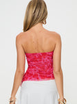 Pink Strapless top Floral print, inner silicone strip at bust, ruching detail, asymmetric hem