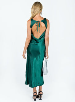 Maxi dress Silky material Scoop neckline Subtle ruching at bust Open back with tie fastening Cowl back