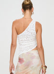 White One shoulder top, ruching at sides with tie detail