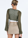 Green long sleeve top Crochet material Tie fastening at front Non stretch Unlined 