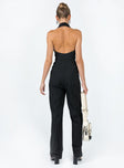 Jumpsuit  Princess Polly exclusive Main: 100% brocade cotton  Lining: 95% polyester 5% elastane Pinstripe print  Halter neck Lapel collar  Plunging neckline  Button & zip front fastening  Exposed back  Twin hip pockets  Faux back pockets  Wide leg 