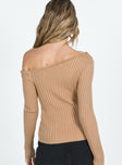 Sweater Ribbed knit material Cold shoulder design Folded neckline