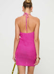 Purple Mini dress Knit material, halter style, pinched bust with tie detail