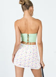 Mini skirt Aline fit Floral print  Lace trimming  Invisible zip fastening at back  Asymmetric front hem 
