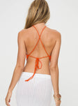 Orange Crochet top High neckline, exposed back, tie fastening at back