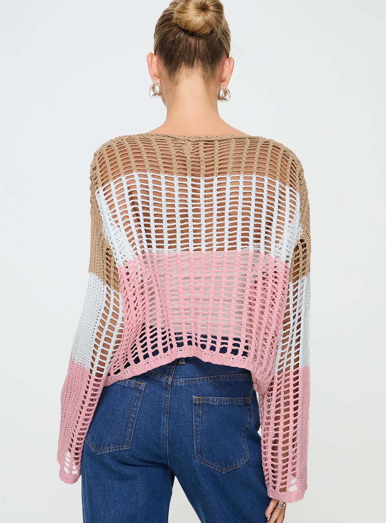 Brown pink and white Knit sweater High neckline, relaxed fit Slight stretch, unlined, sheer