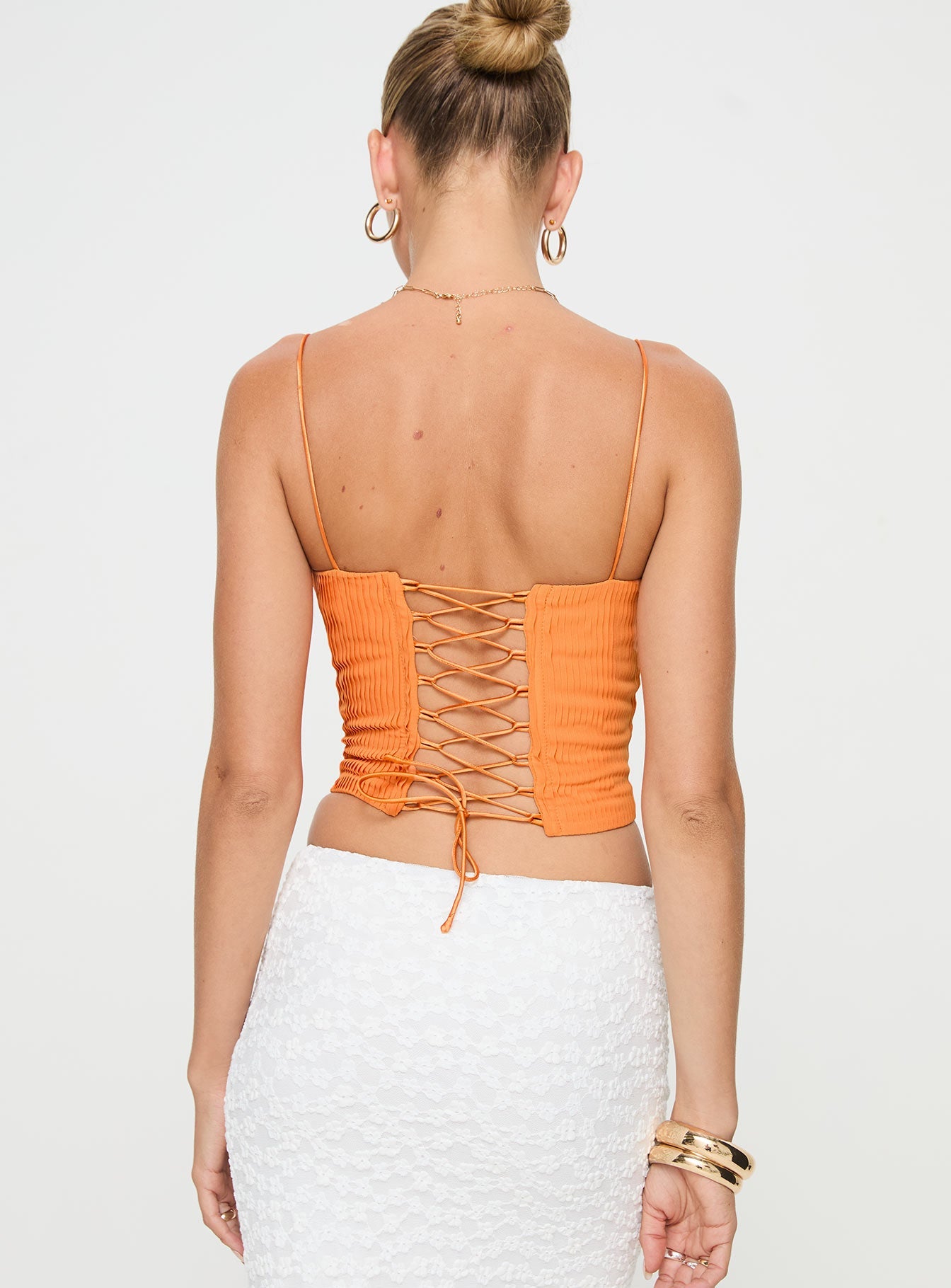 Orange Plisse corset Fixed shoulder straps, square neckline, lace up fastening at back, curved hem, invisible zip fastening at side, boning throughout