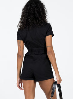 Romper Open collar Zip front fastening Four-pocket design Elasticated band at back Non-stretch Partially lined