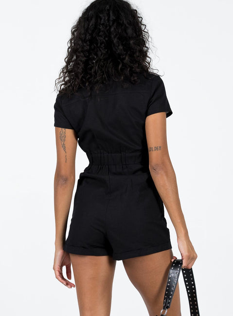Romper Open collar Zip front fastening Four-pocket design Elasticated band at back Non-stretch Partially lined