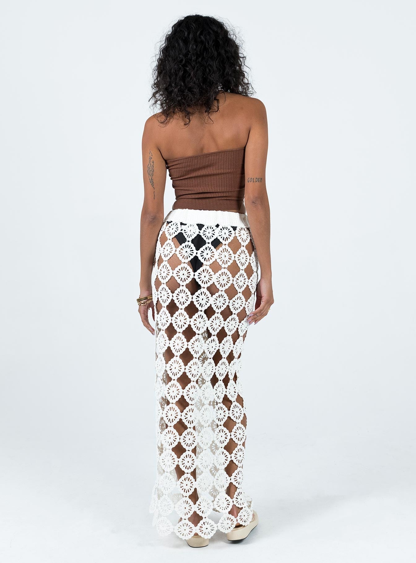 Maxi skirt Sheer crochet material Delicate - wear with care Elasticated waistband with tie fastening  Non-stretch