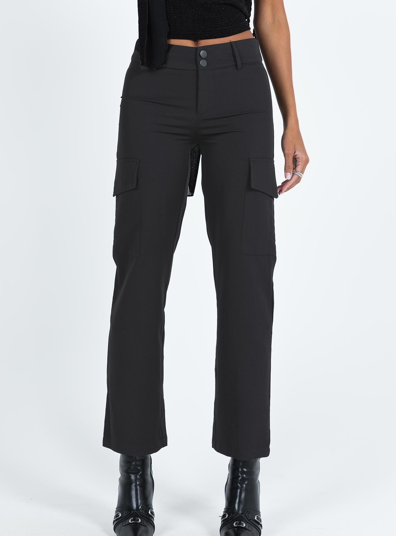 Black cargo pants High rise Belt looped waist Zip and button fastening Faux back pockets Twin leg pockets Straight leg