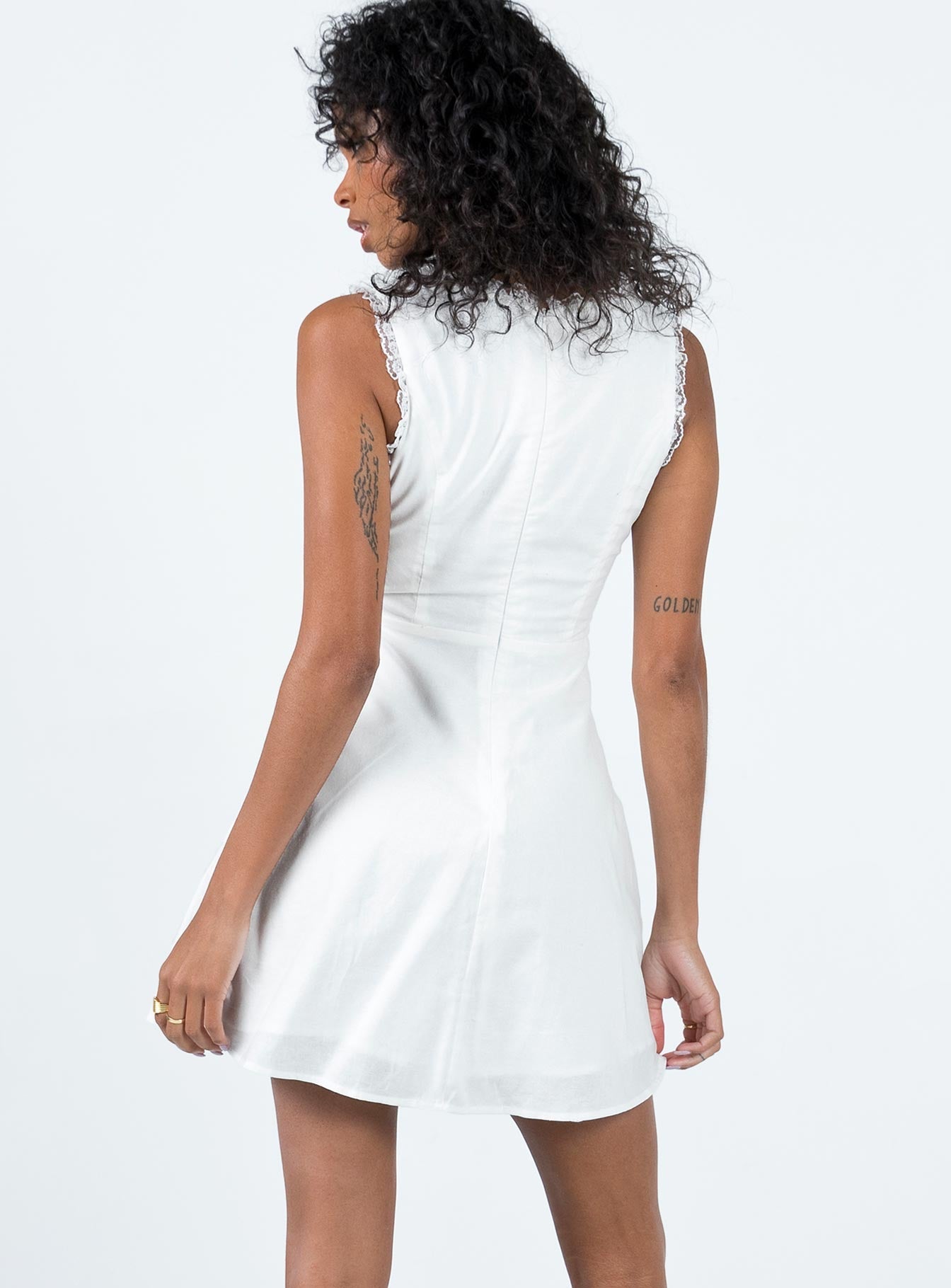 Mini dress Lace trim V neckline Hook & eye fastening at front Invisible zip fastening at back 
