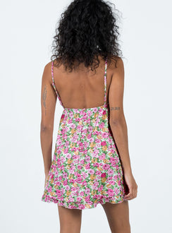 Mini dress Floral print Adjustable shoulder straps Tie fastening at front Plunging neckline Elasticated under bust Button fastening at back