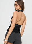 Faux leather top Fixed halter strap, invisible zip fastening at side Non-stretch material, fully lined