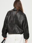 Faux leather bomber jacket Classic collar, drop shoulder, twin hip pockets, elasticated cuffs, drawstring toggle waist, zip fastening down front Non-stretch, fully lined 