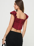 Corset top Cap sleeve, boning throughout, pleated bust, curved hem, zip fastening at back Non-stretch material, fully lined