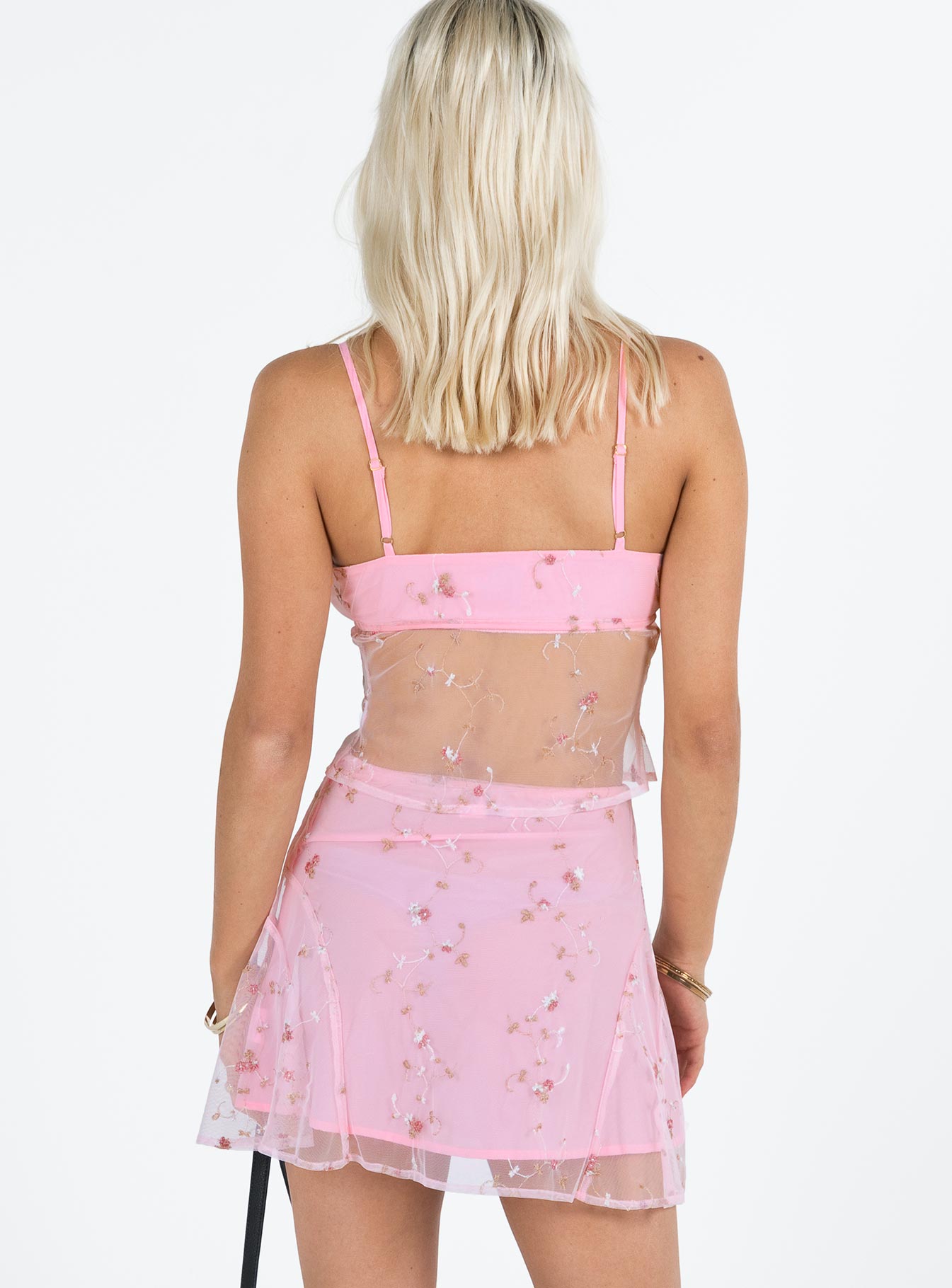 Mini skirt Mesh material Floral embellishments High rise Invisible zip fastening at side