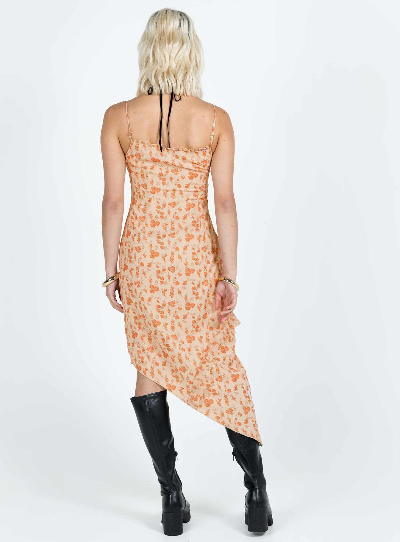 Floral print midi dress, slim fitting Adjustable shoulder straps, frill trim, invisible zip fastening at side, asymmetric hem