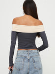 Slate and beige Off the shoulder top with folded neckline Good stretch, unlined 