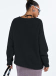 Black sweater Knit material Wide neckline Drop shoulder Good stretch