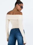 Long sleeve top Ribbed material Off the shoulder design Good stretch Unlined 