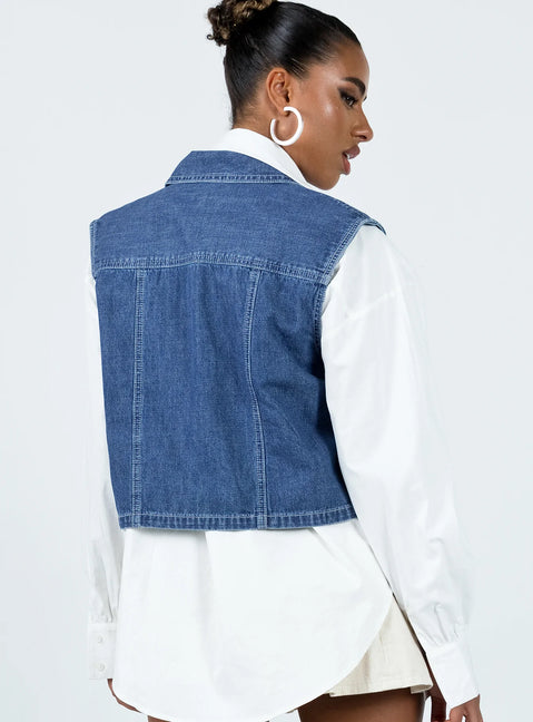 Denim vest Mid-wash denim Zip front fastening Classic collar Four front pockets