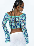 Long sleeve top Knit material Crochet design Wide neckline