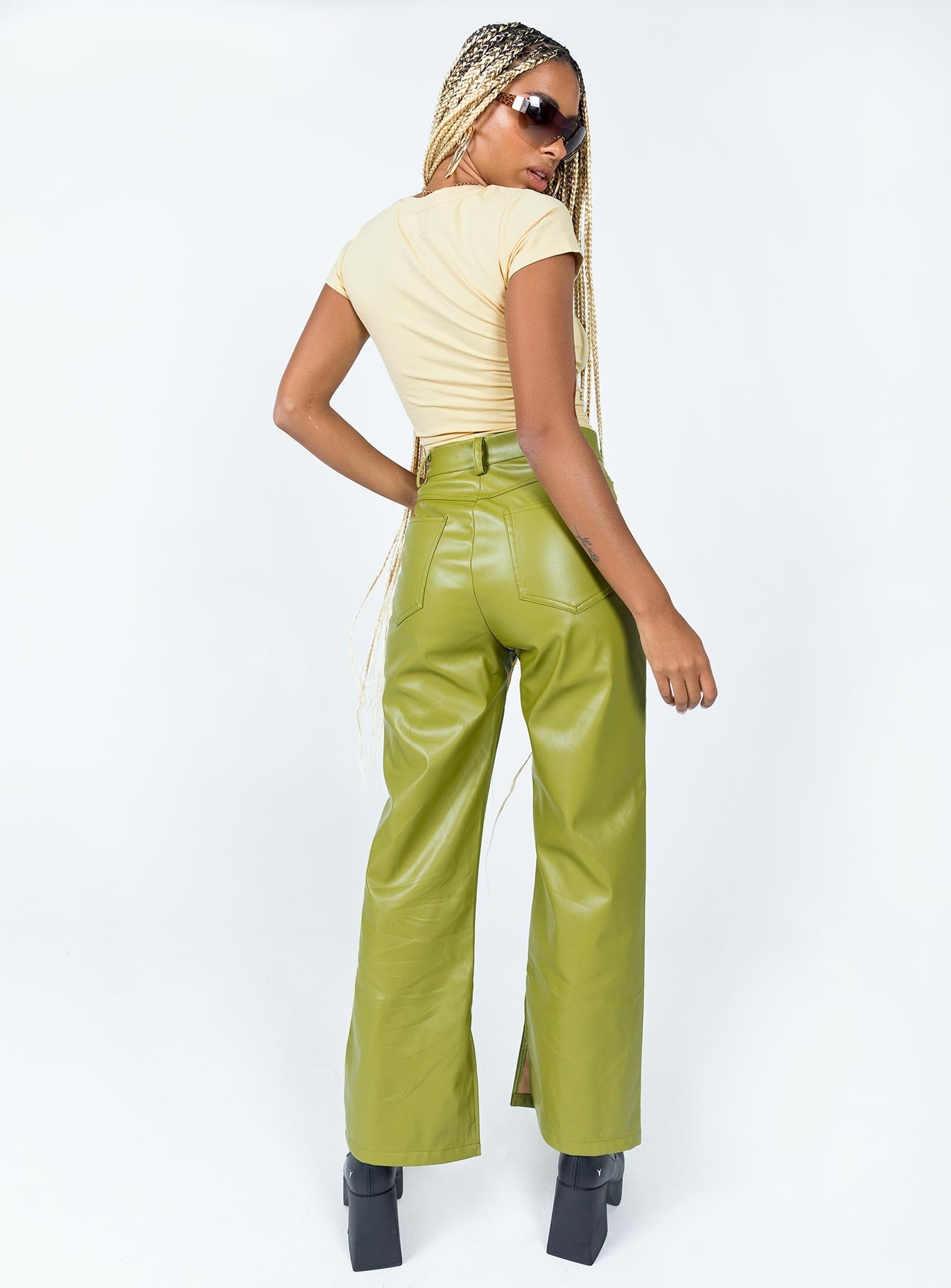 Pants 100% PU Faux leather material  Zip & button fastening  Belt looped waist  Classic five pocket design  Straight leg 