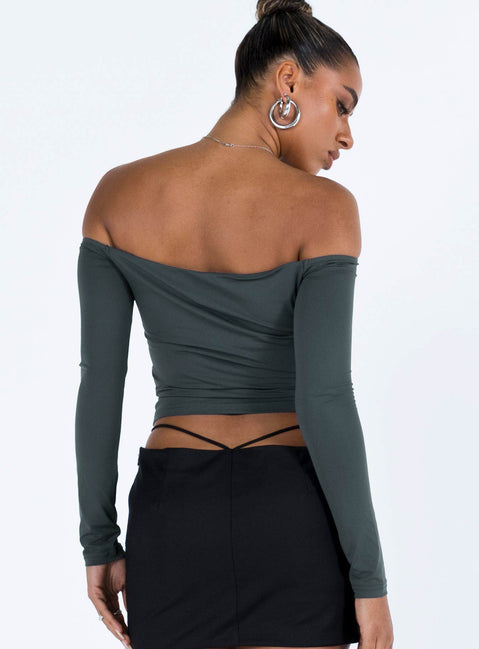 Long sleeve top Off the shoulder design Good stretch Unlined 
