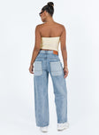 Jeans Mid wash denim High rise Belt looped waist Zip and button fastening Four classic pockets Branded patch at back Straight leg