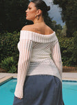 Sweater Relaxed fit, sheer knit material, off-the-shoulder design, folded neckline, asymmetrical hemline