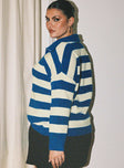 Knit striped sweater Quarter zip fastening at front, high neckline, drop shoulder Good stretch, unlined 