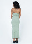 Sage strapless midi dress Thin knit ribbed material  Strapless design  Diagonal detail stitching  Elasticated bust & back  Inner silicon strip along bust  Invisible zip fastening on side