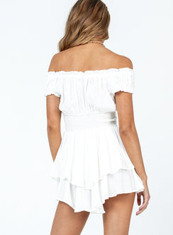 Romper Elasticated shoulders  Can be worn on or off the shoulder  Corset style waist  Boning throughout  Shirred back  Layered hem  Fully lined 