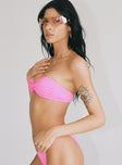 Pink bikini top Textured material  Bandeau style    Knot at bust  Clasp fastening  Removable padding 