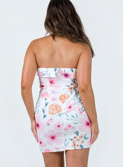 Strapless mini dress Floral print Inner silicone strip at bust Invisible zip fastening at back Side slit