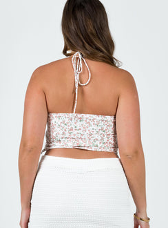 Bustier Floral print Halter neck tie Wired cups  Ruching at bust Invisible zip fastening at side Non-stretch