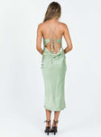Green midi dress Silky material Cowl neckline Adjustable shoulder straps with tie fastening at back Cowl back