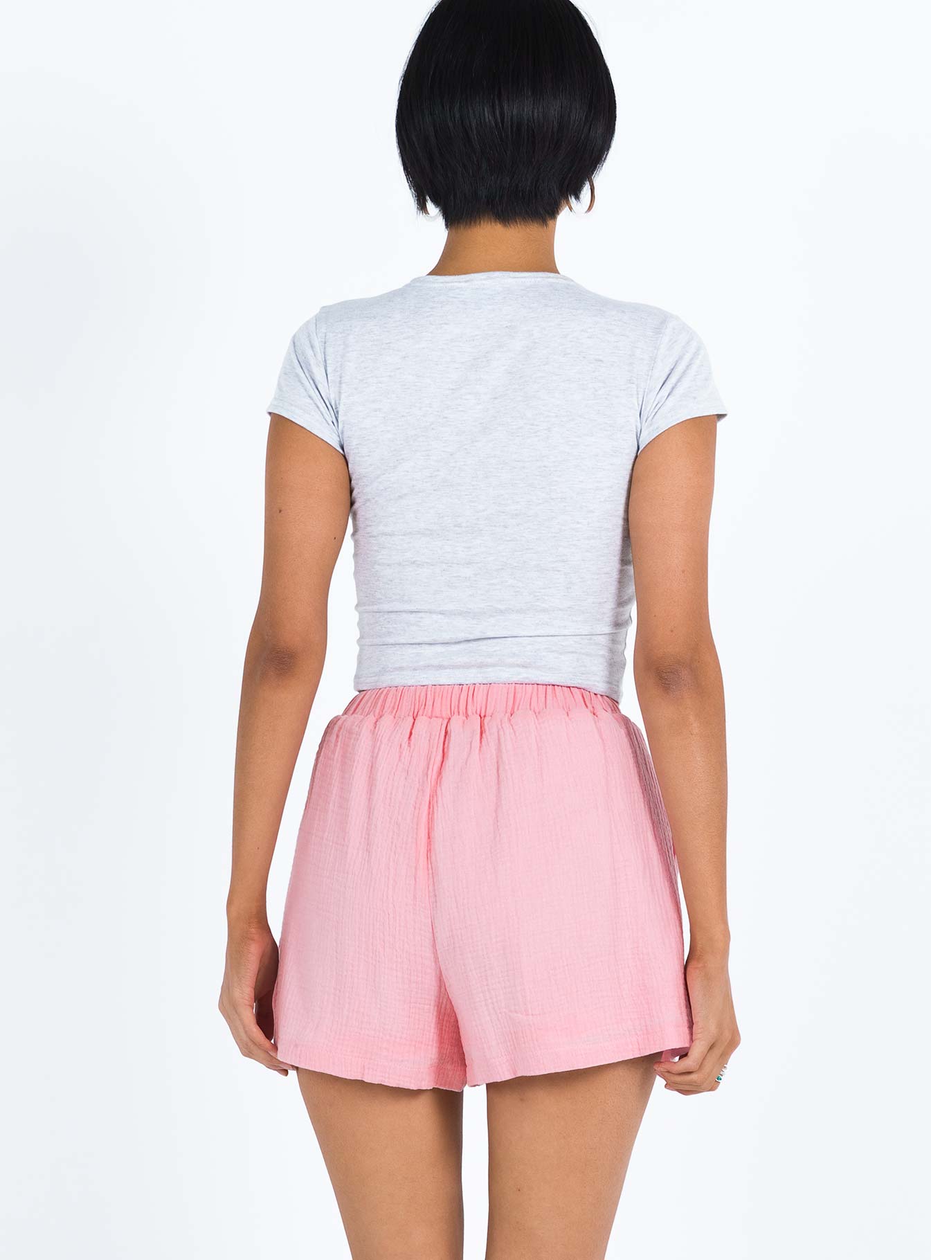 Pink shorts Muslin look material  High waisted  Elasticated waistband  Twin hip pockets 