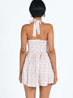 Mini dress Floral print Halter neck tie fastening Invisible zip fastening at back Slight rushing at waist