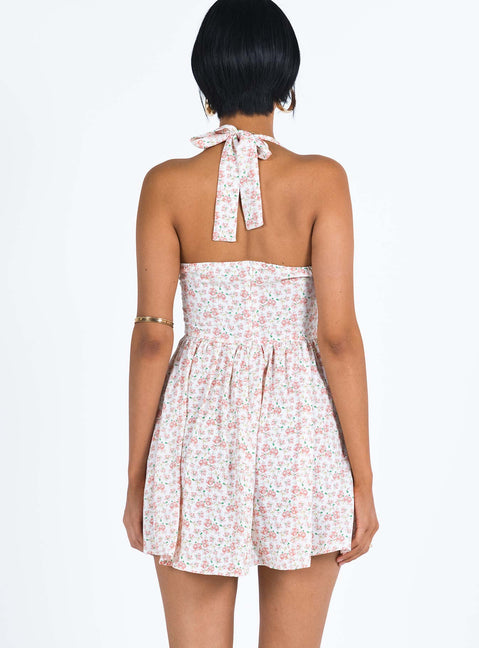 Mini dress Floral print Halter neck tie fastening Invisible zip fastening at back Slight rushing at waist
