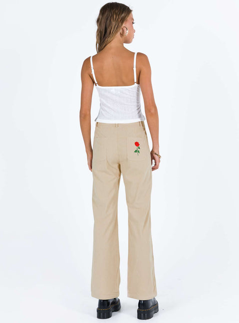 Beige pants Corduroy material Belt looped waist Zip and button fastening Classic five-pocket design Embroidered design at back Straight leg