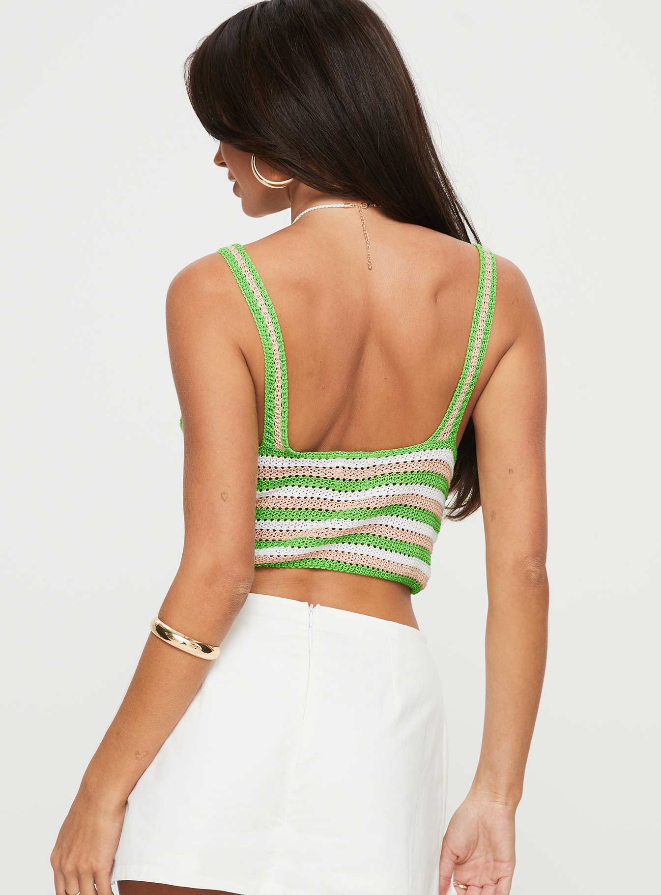 Knitted top  Sheer material, v-neckline, wide fixed straps, crop style Good stretch, unlined