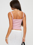 Ribbed Knit top Slim fitting, twist detail at bust, lettuce edge hem,   Fixed shoulder straps, unlined, good stretch 