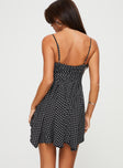 Polka dot dress Adjustable shoulder straps, tie fastening at bust, ruching at waist, invisible zip fastening at back Non-stretch material, partially lined