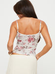 Floral top Adjustable shoulder straps, scooped neckline Good stretch, unlined, sheer